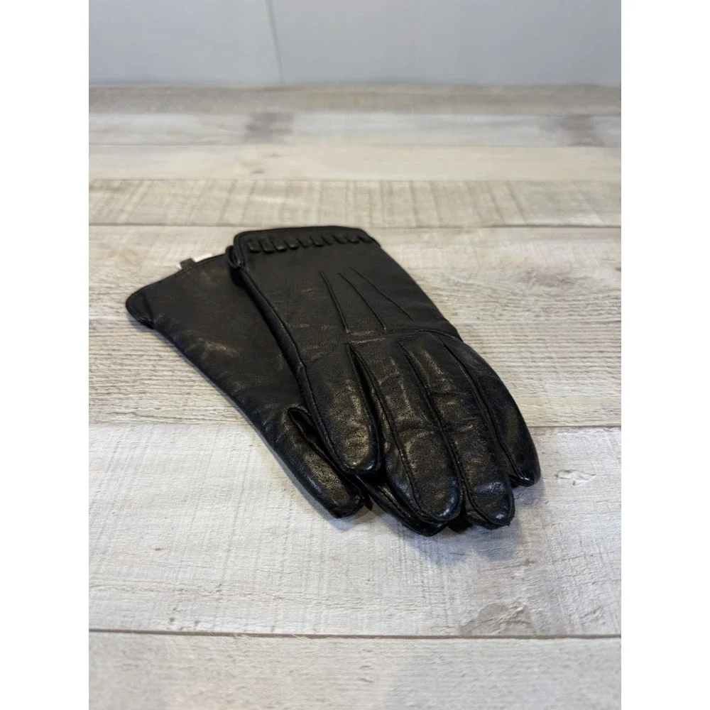 Womens Black Genuine Soft Leather Gloves Size M Whipstitch Lined Winter Dress